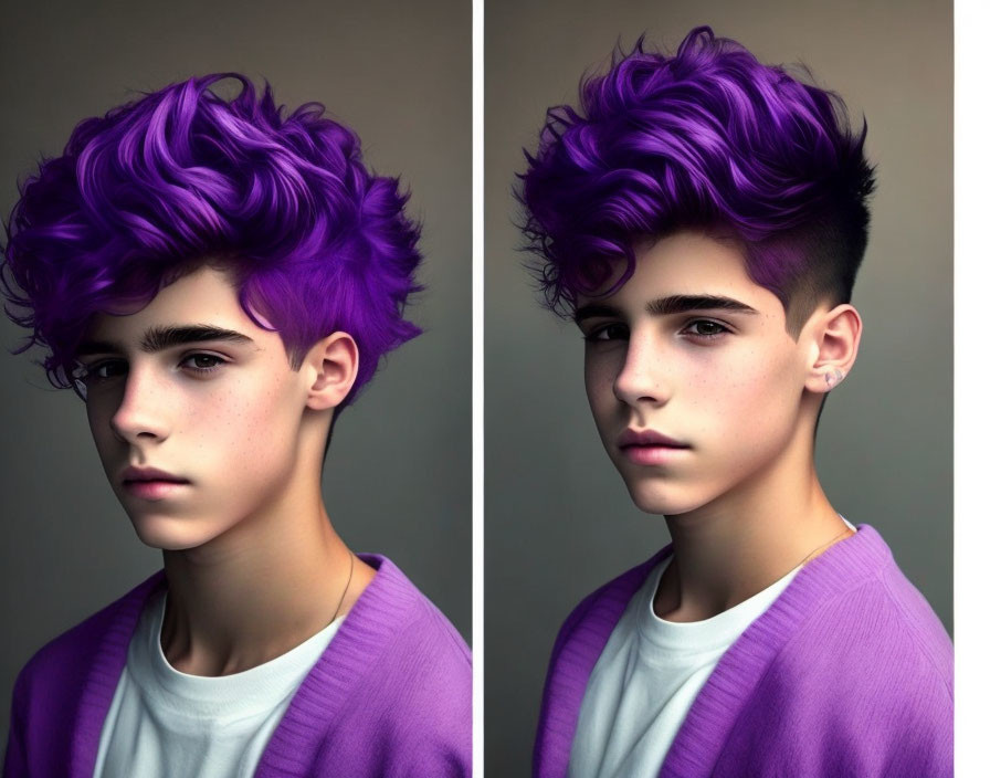 Young person with purple hair in two styles: tousled and sleek