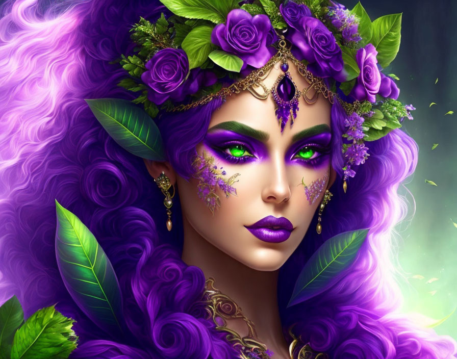 Fantasy portrait of a woman with purple hair and green eyes, wearing floral headpiece and jewelry on