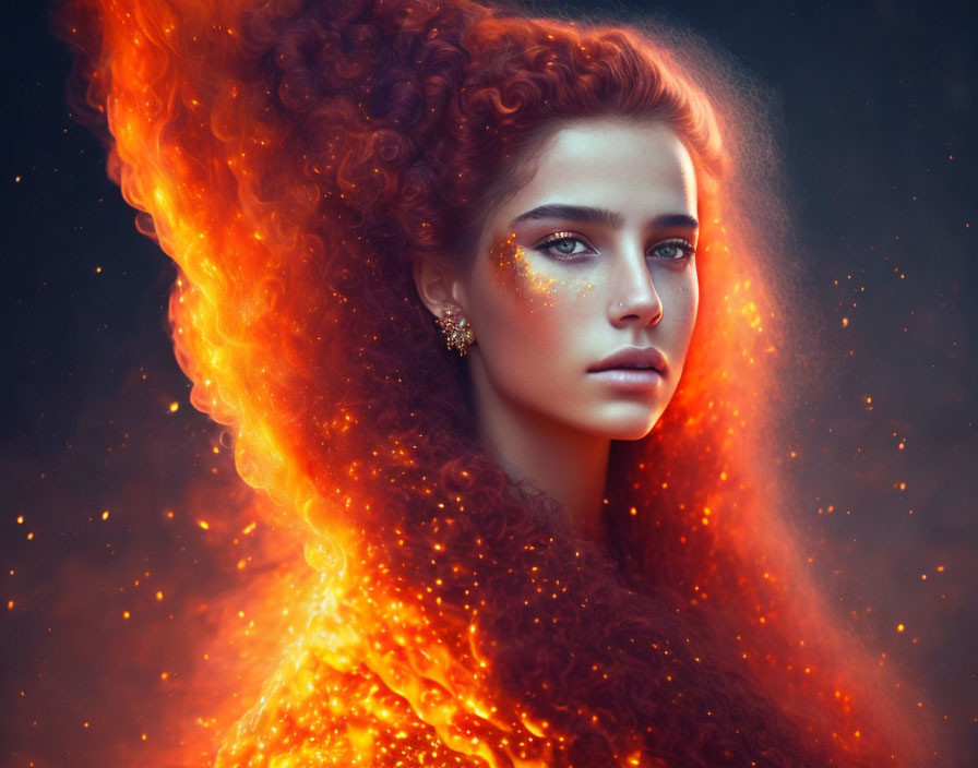 Fiery red curly hair woman with glowing ember effects and gold eye makeup