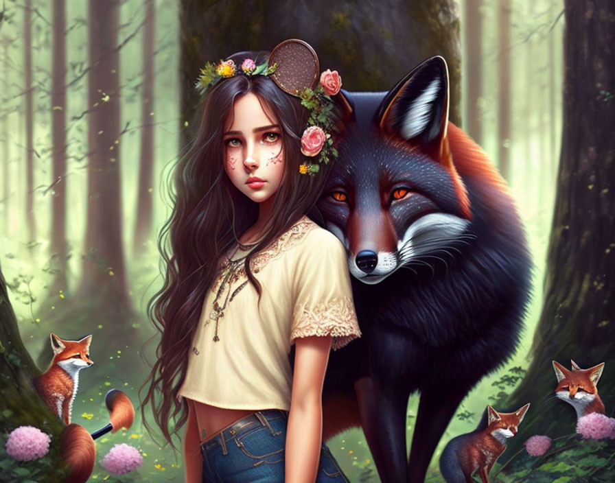 Digital Artwork: Woman with Fox Head Accessory in Mystical Forest