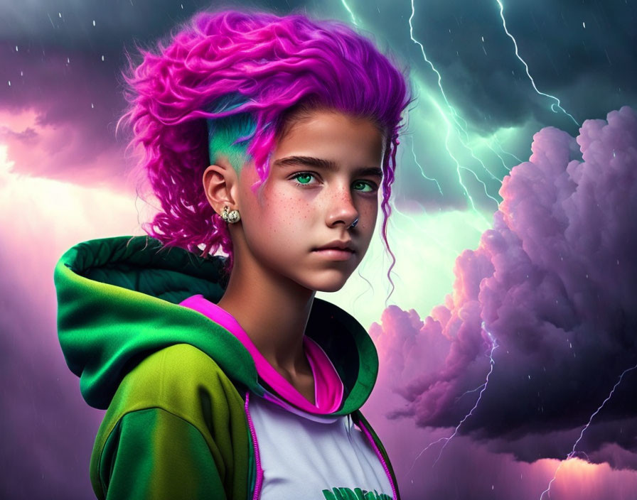 Vibrant pink hair young person in green hoodie digital art portrait