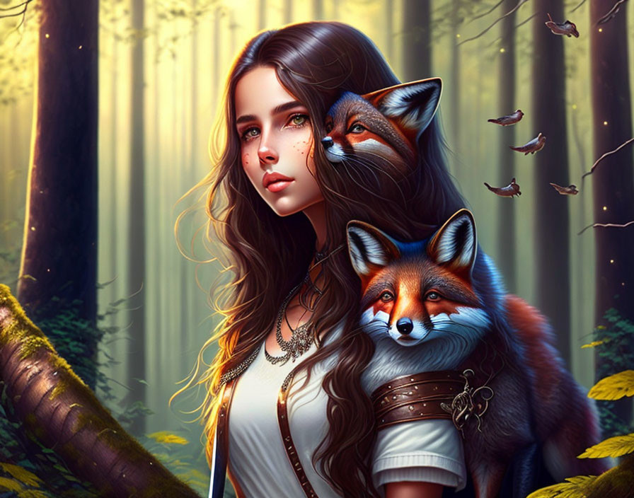 Woman with long brown hair and fox in mystical forest with sunlight rays.