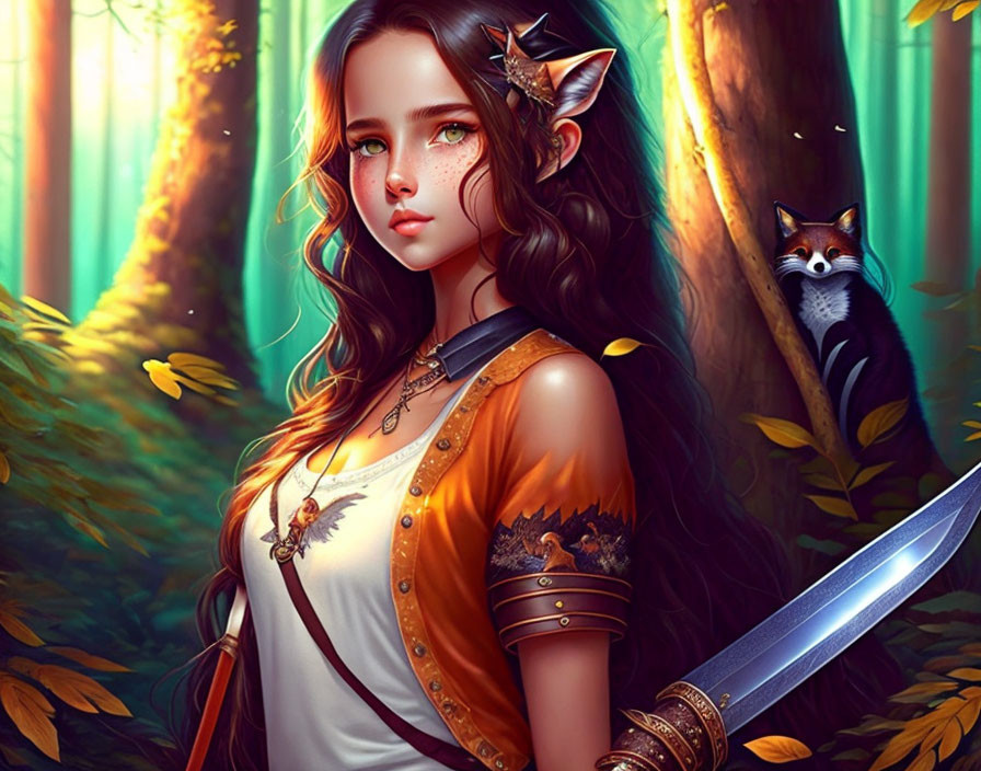 Fantasy-themed illustration of young woman with elven traits holding a sword in forest with observing fox