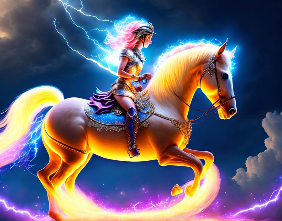 Majestic warrior woman on horseback in mystical setting