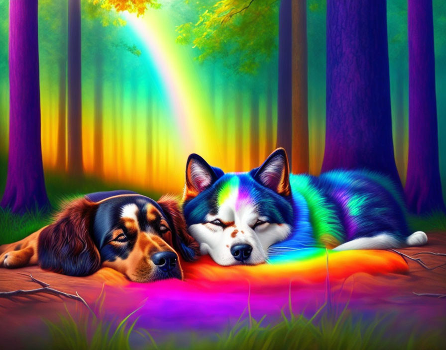 Colorful Dogs Resting in Vibrant Forest with Sunbeams