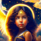 Surreal portrait of young girl with glowing halo and eagle head in twilight sky