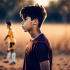 Young female soccer player in brown jersey on field at dusk