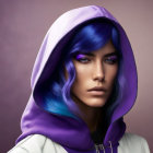 Vibrant purple hair and green eyes in hooded cloak on soft purple backdrop