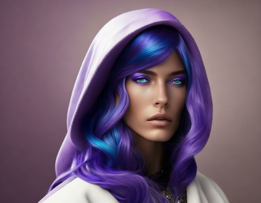 Vibrant purple hair and green eyes in hooded cloak on soft purple backdrop