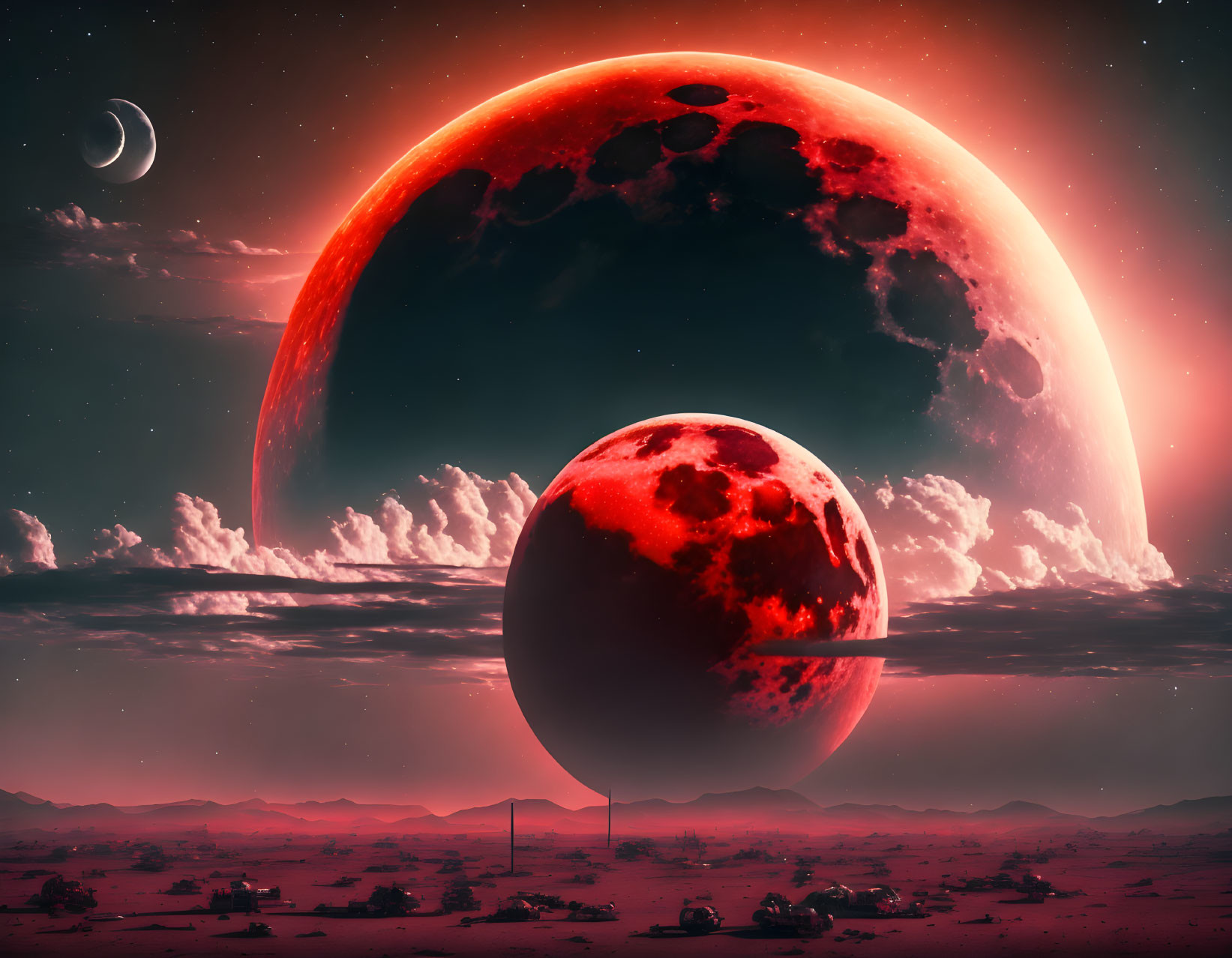 Surreal sci-fi landscape with two red moons over desert futuristic structures