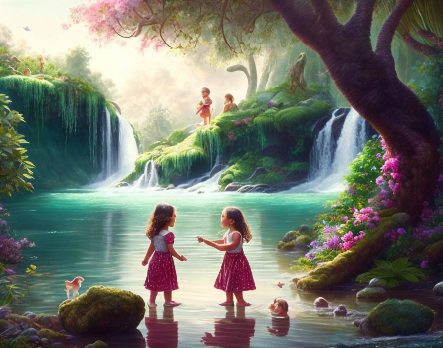 Children in magical forest with waterfalls, flora, animals