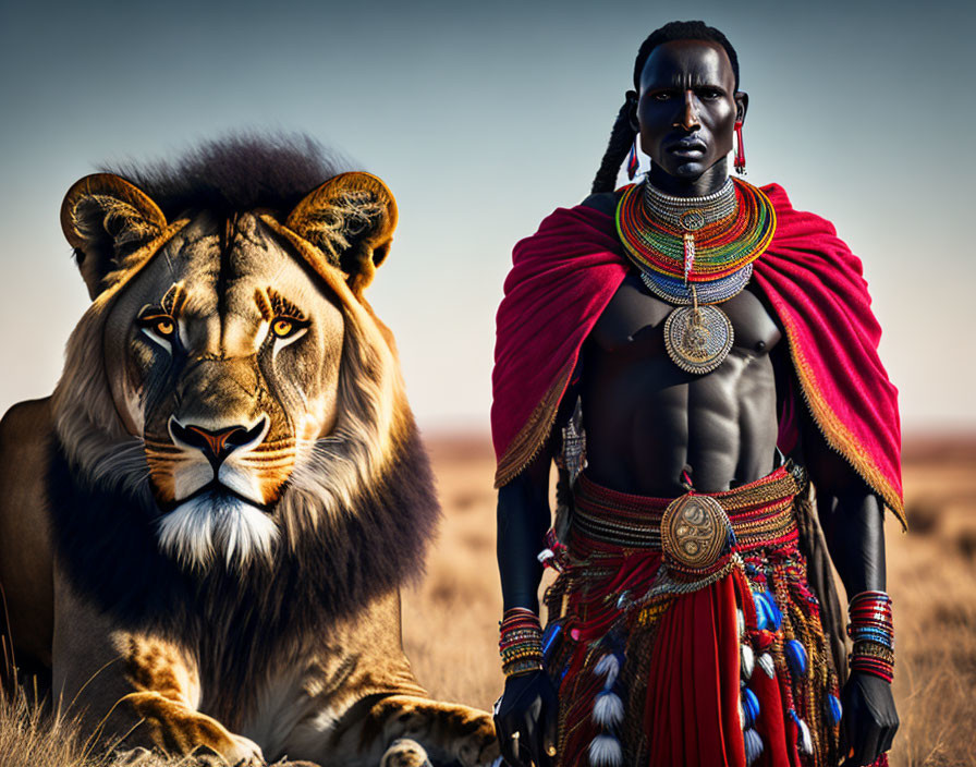 Lion and Maasai person in traditional attire on savannah landscape