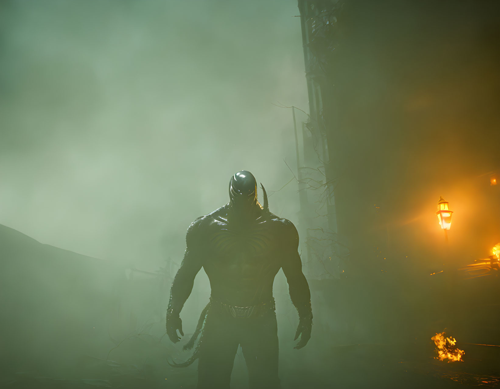 Muscular figure in horned helmet in dimly lit scene with embers.