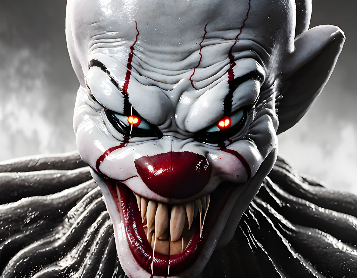 Sinister clown face with sharp teeth and glowing eyes on grey backdrop