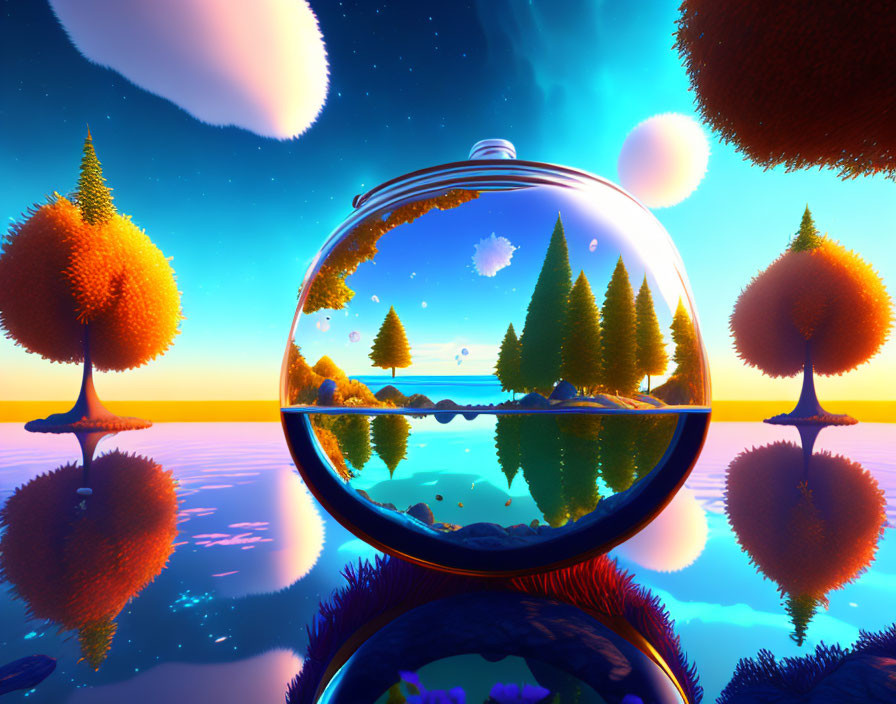 Surreal landscape with spherical forest capture in alien world