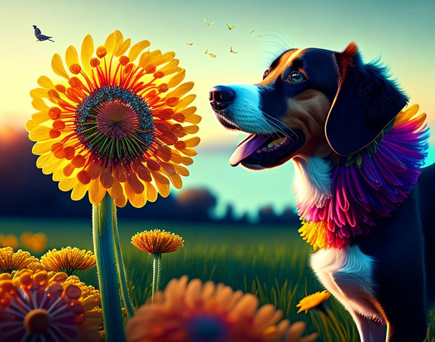 Colorful illustration: Joyful dog, daisies, butterflies, hummingbird at sunset