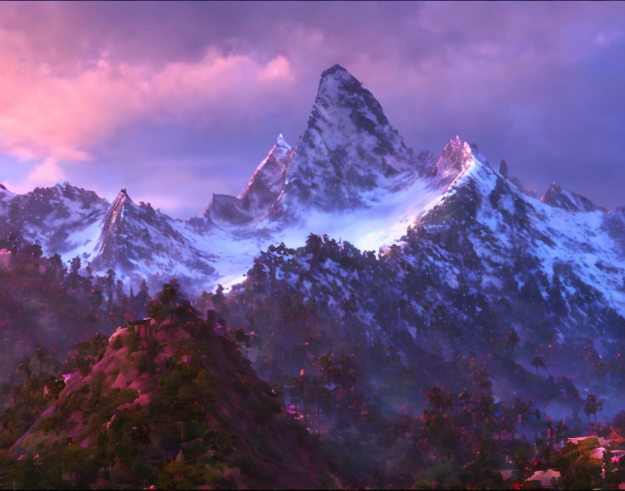 Mountain landscape at dusk: vibrant purple and pink skies, snow-capped peaks, shadowy forests