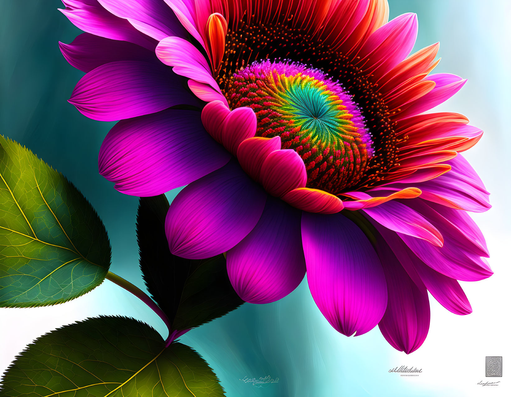 Colorful digital artwork of blooming purple gerbera daisy on blue background