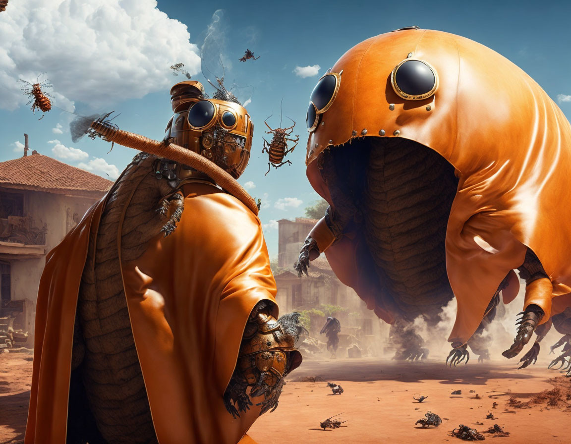 Orange bulbous creatures face off in deserted village with swarming smaller versions