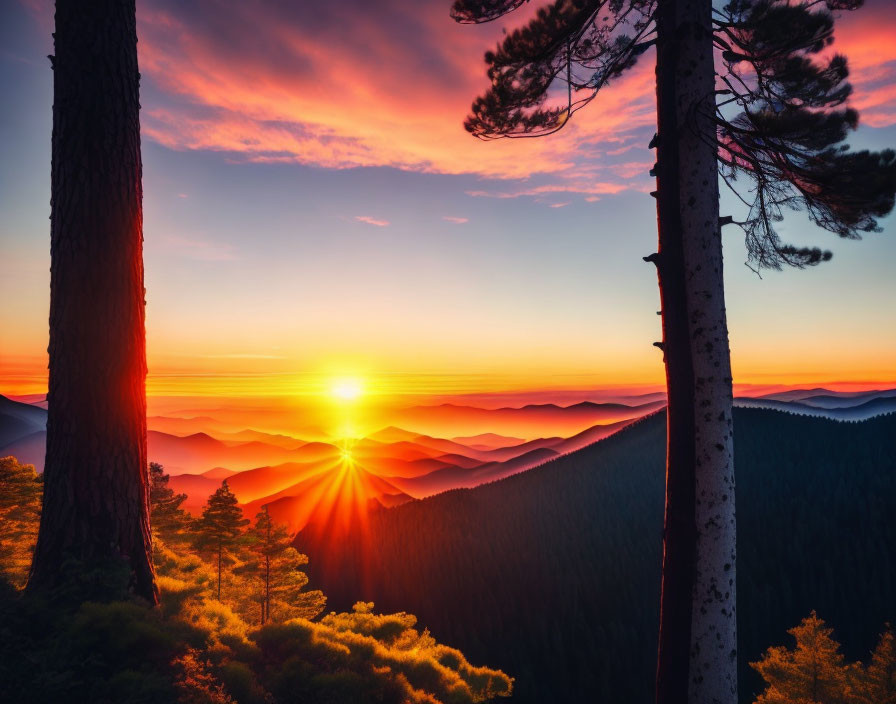 Vibrant sunrise over mountainous landscape with silhouetted trees and rolling hills