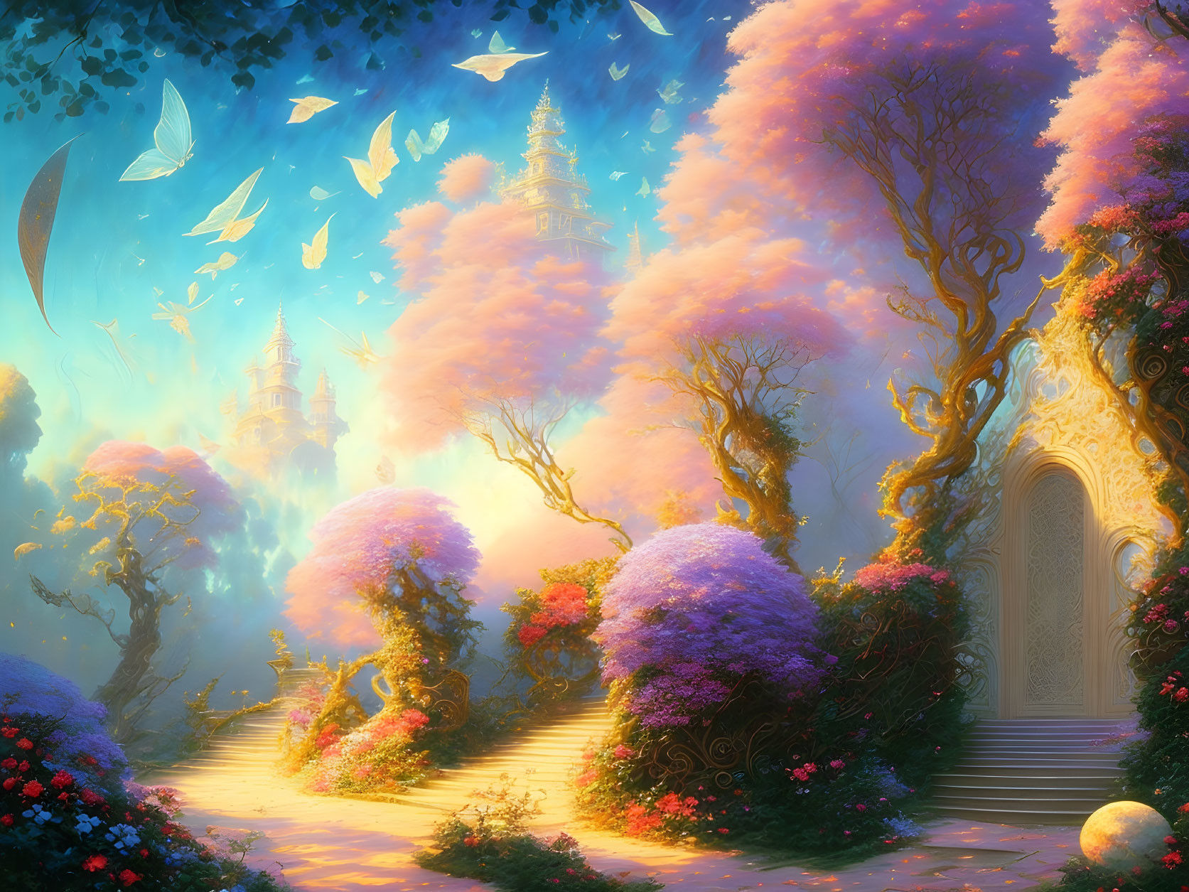 Fantasy landscape with pink glowing trees, stone pathway, butterflies, and mystical towers