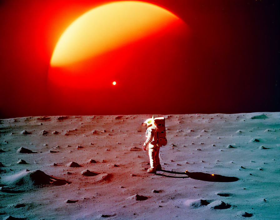 Astronaut on gray, cratered surface under red sun and smaller star