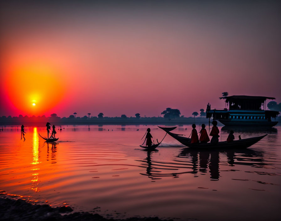 Silhouetted figures rowing boats at sunset over calm waters