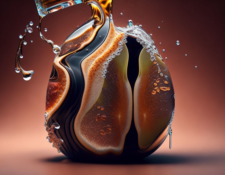 Close-up of dynamic coffee splash with swirling bubbles on amber background