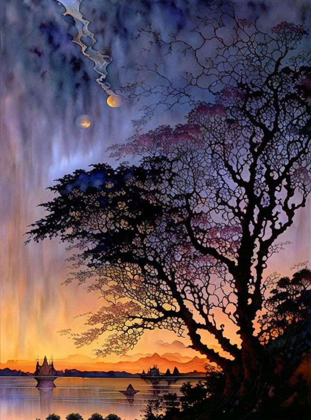 Colorful sunset painting with tree silhouettes, distant castle, and comet in twilight sky.