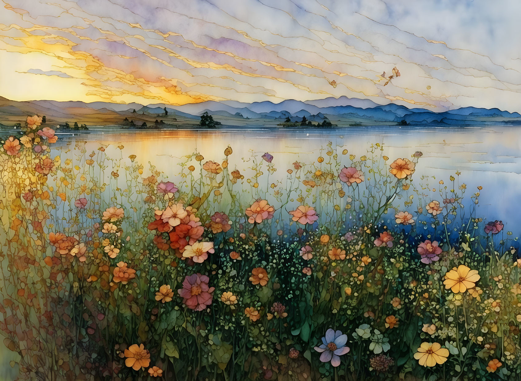 Vibrant wildflowers, tranquil lake, layered mountains at sunset