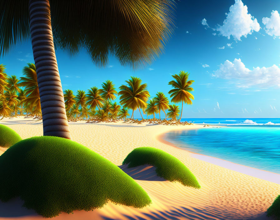 Tropical beach scene with palm trees, golden sands, and blue ocean