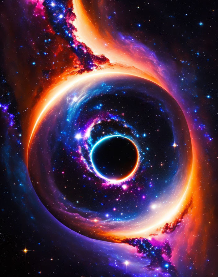 Colorful cosmic scene with black hole and swirling gases in deep space