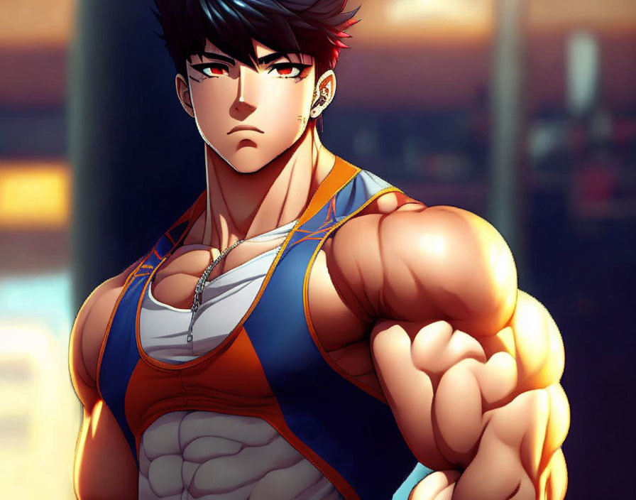 Muscular animated character in tank top with earring and stern look