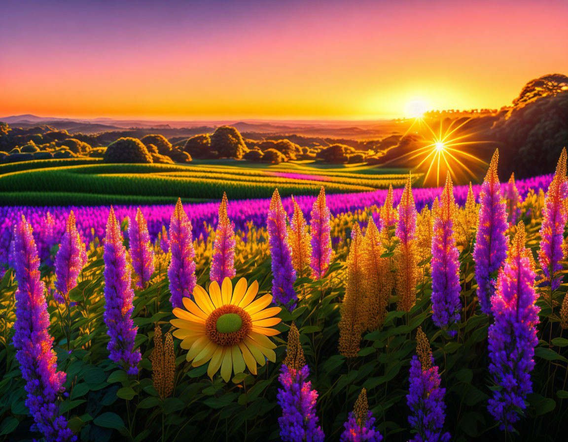 Colorful sunset over rolling hills with lupines and sunflower.