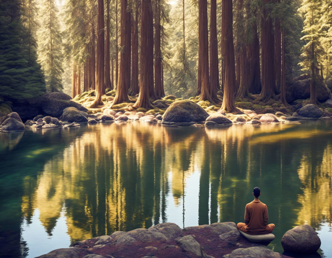 Person meditating by serene forest lake with sunlight filtering through trees