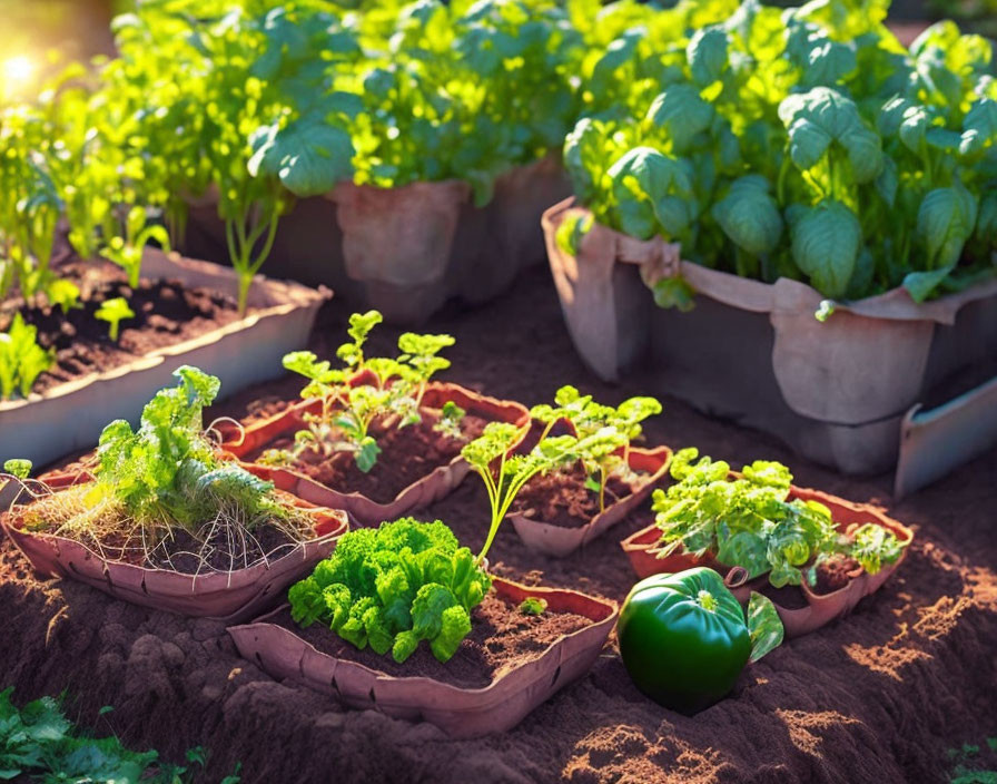 Herbs and Tomato Growing in Terracotta Pots in Sunlit Garden