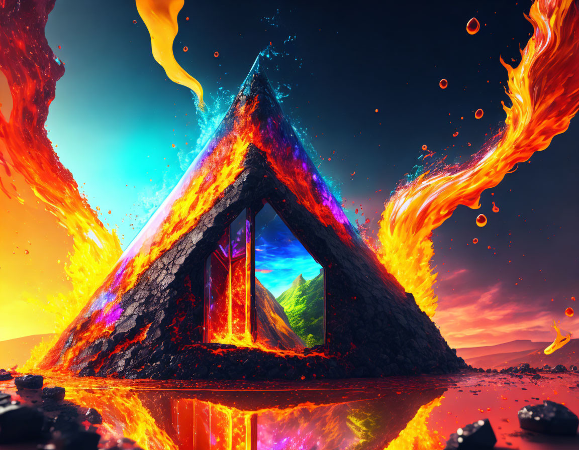 Colorful surreal landscape with glowing lava pyramid and fire swirls