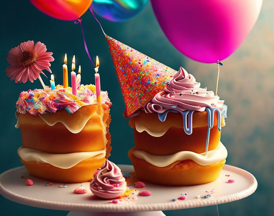 Colorful Birthday Cupcakes with Candles, Icing, Sprinkles, Balloons,