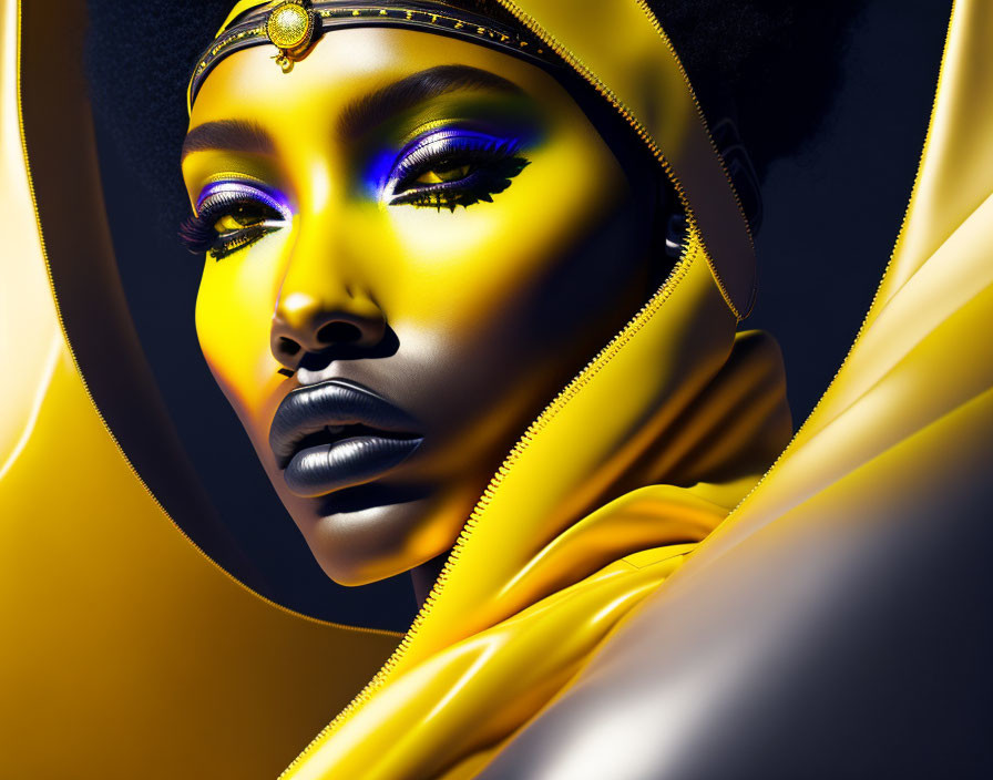 Vibrant purple and yellow eye makeup on person in yellow hooded garment