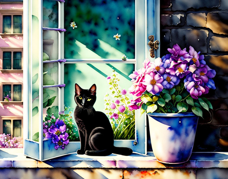 Black cat on windowsill with purple flowers and colorful building facade in background