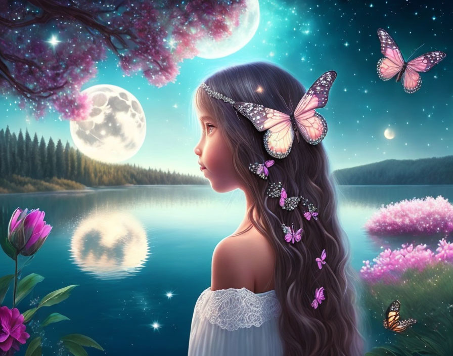 Young girl admires moonlit lake with butterflies and blooming flowers under starry sky