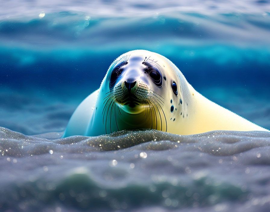 Curious seal with expressive eyes above blue water