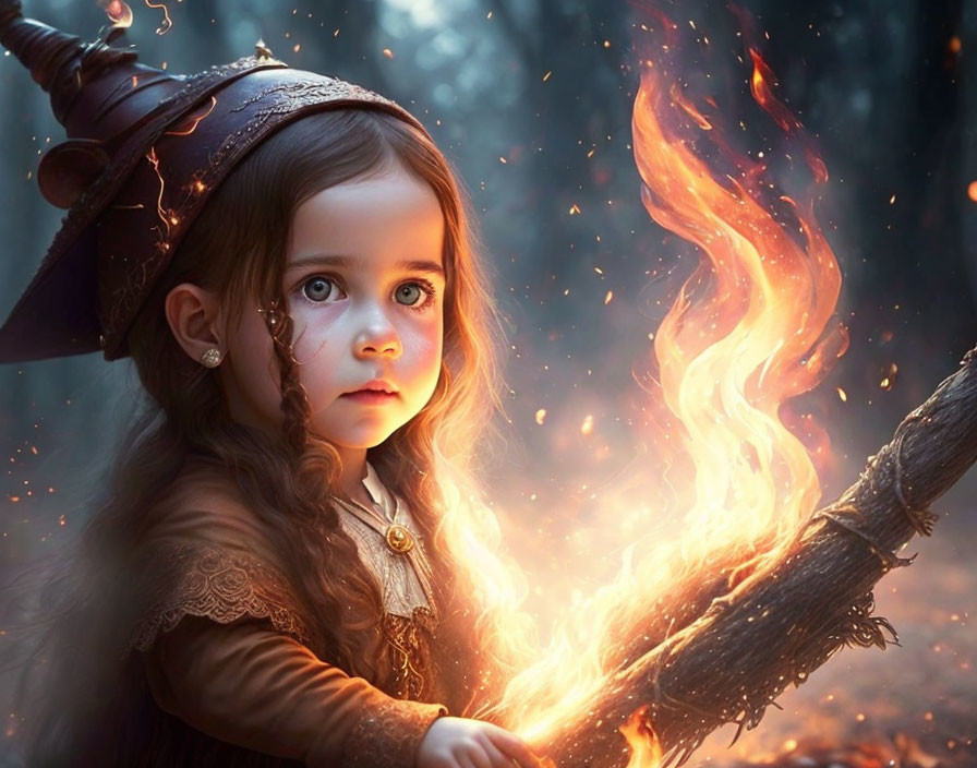 Young girl with torch in mystical forest illuminating face