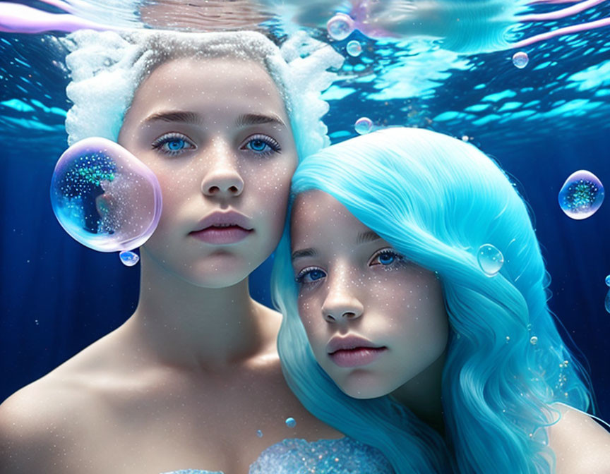 Ethereal girls with blue hair submerged in water surrounded by bubbles