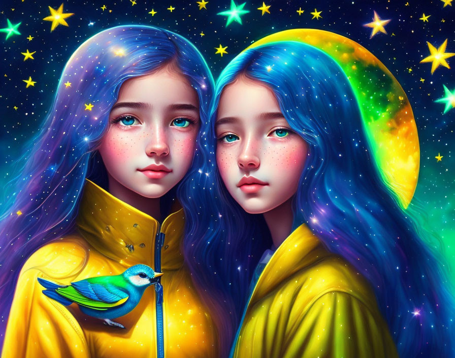 Two girls with starry blue hair and yellow jacket in cosmic setting