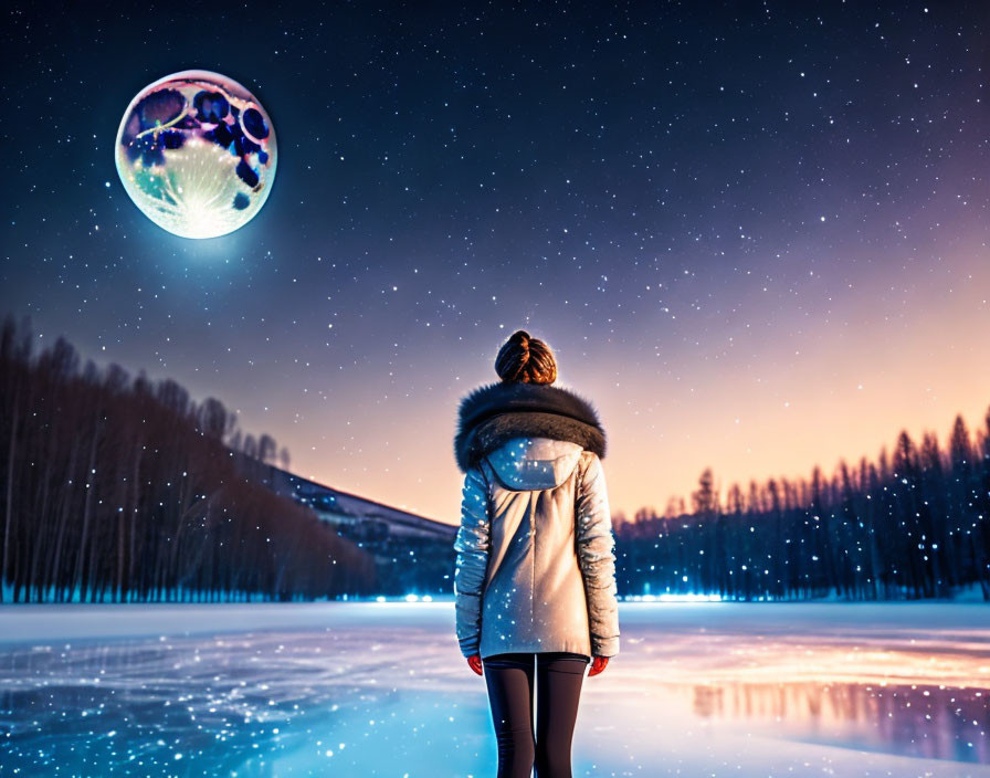 Frozen lake scene with surreal bubble and starry sky at night