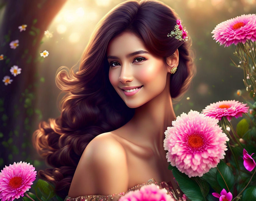 Smiling woman with vibrant flowers and luscious hair