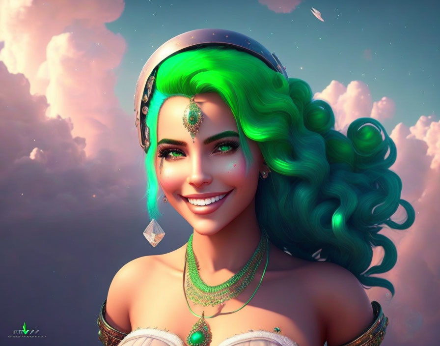 Smiling woman with green hair and futuristic headset in digital artwork