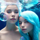 Ethereal girls with blue hair submerged in water surrounded by bubbles