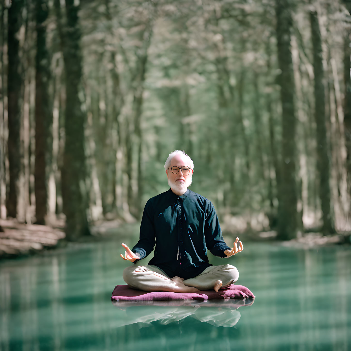 Bearded older man meditating on platform over tranquil water